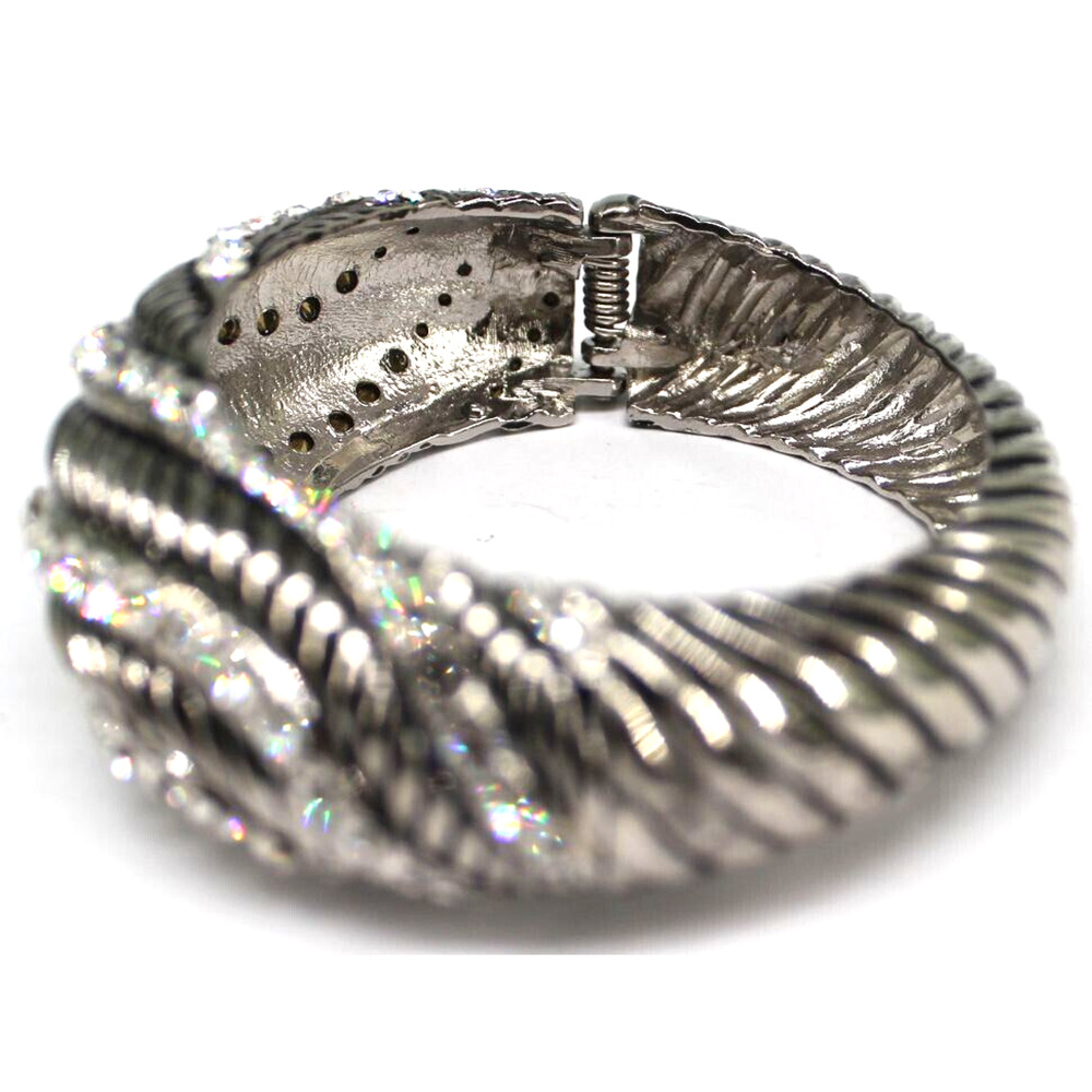 Stunning Rhinestone Silvertone Cuff Bracelet Wave… - image 3